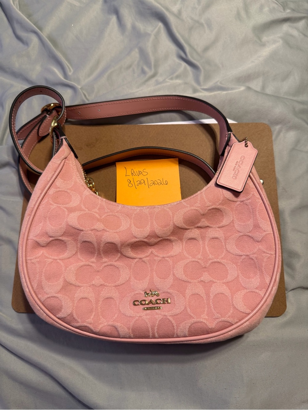 Coach Pink Signature Crescent Shoulder Bag with Leather Trim